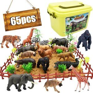 65PCS Safari Animals Figures Toys, Realistic Plastic Jungle Zoo Wild Animals
